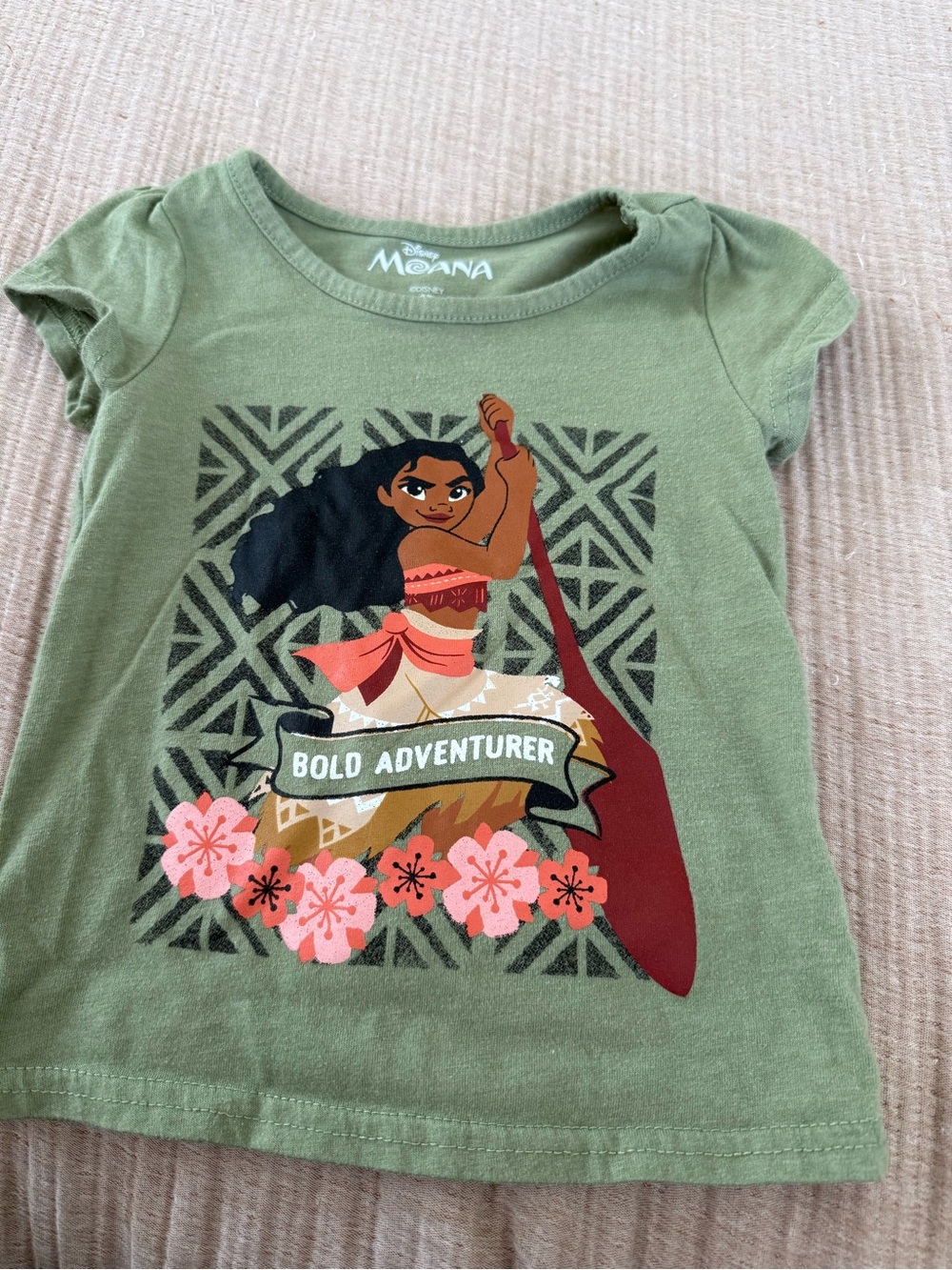Disney Moana Olive Green Short Sleeve Tee with Pink Floral Graphic